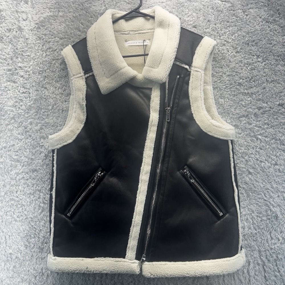 NWT Susana Monaco Faux Shearling Moto Vest Black Ivory Medium MSRP $298